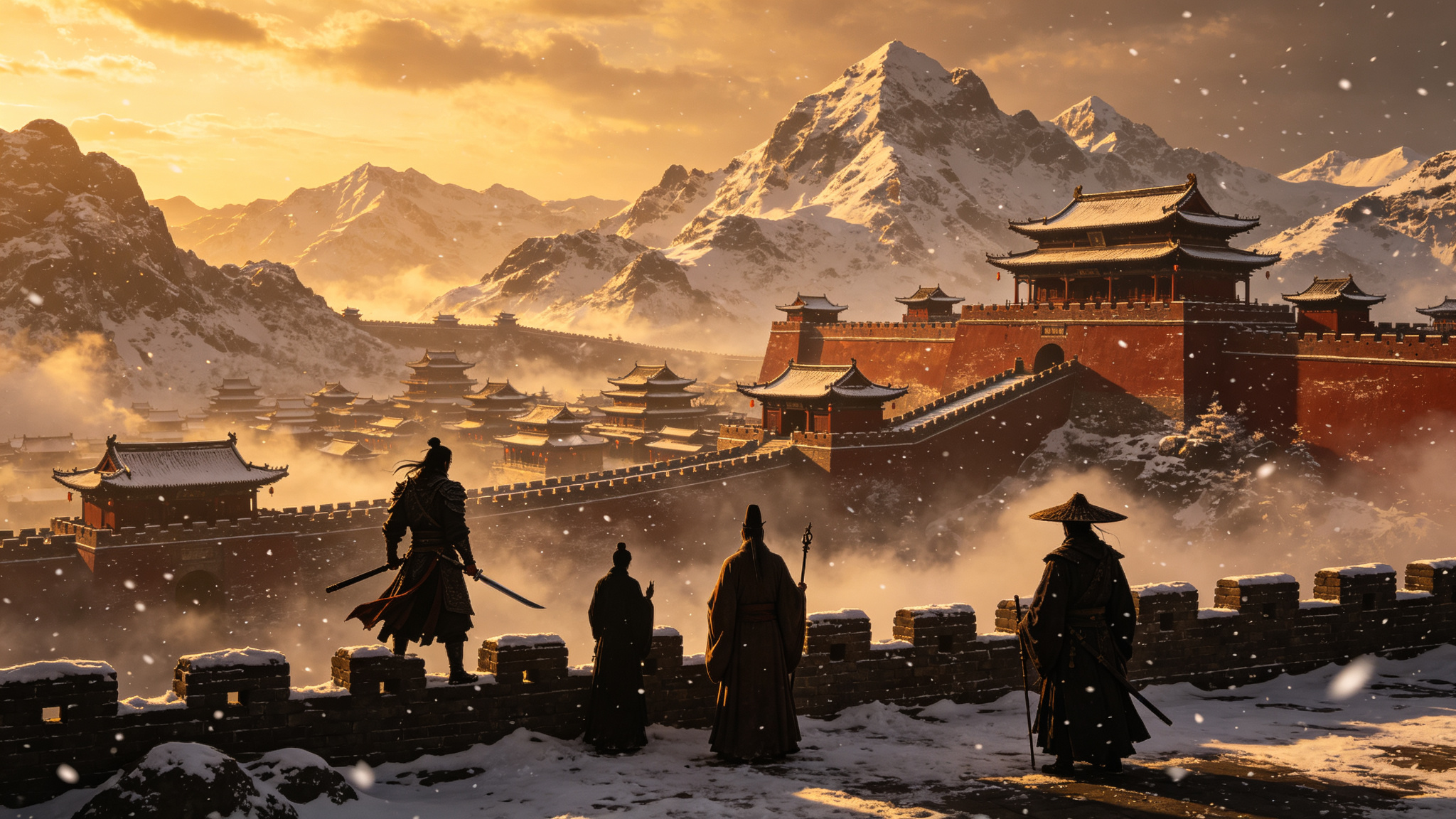 我本沉默金币版本复古传奇游戏宣传海报，雪山城池与武侠角色剪影